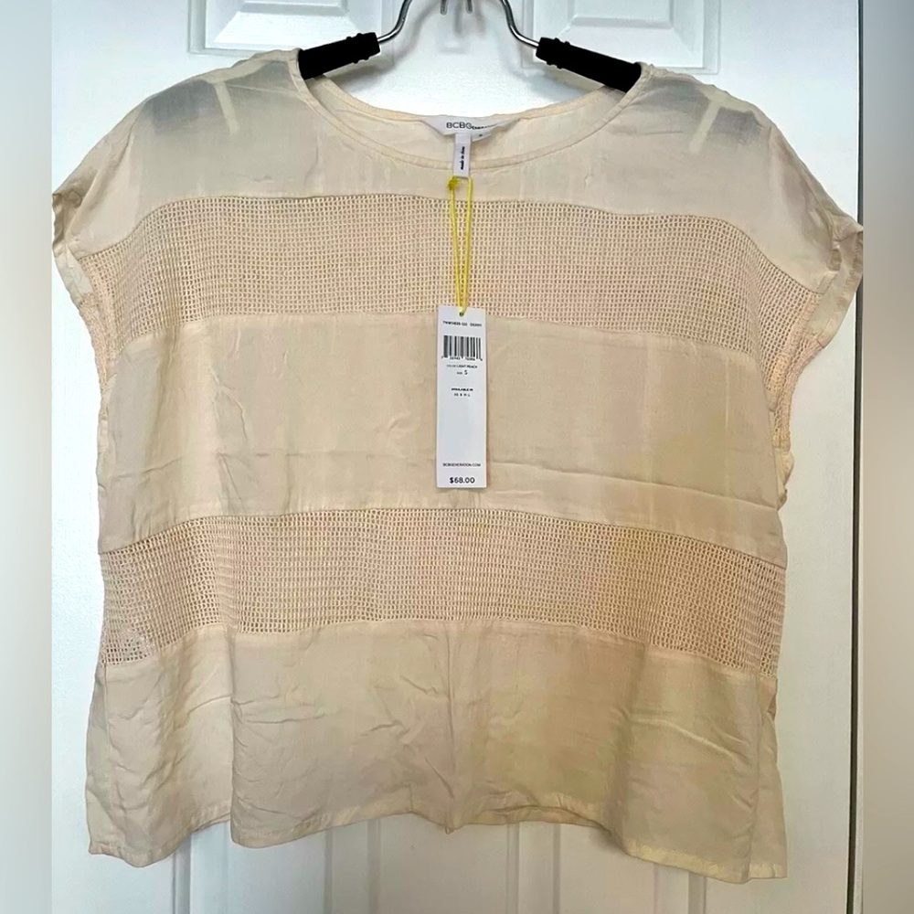 🌸 NWT BCBGeneration Womens Sz S Pale Peach Sheer Relaxed Fit Sleeveless Crop Top